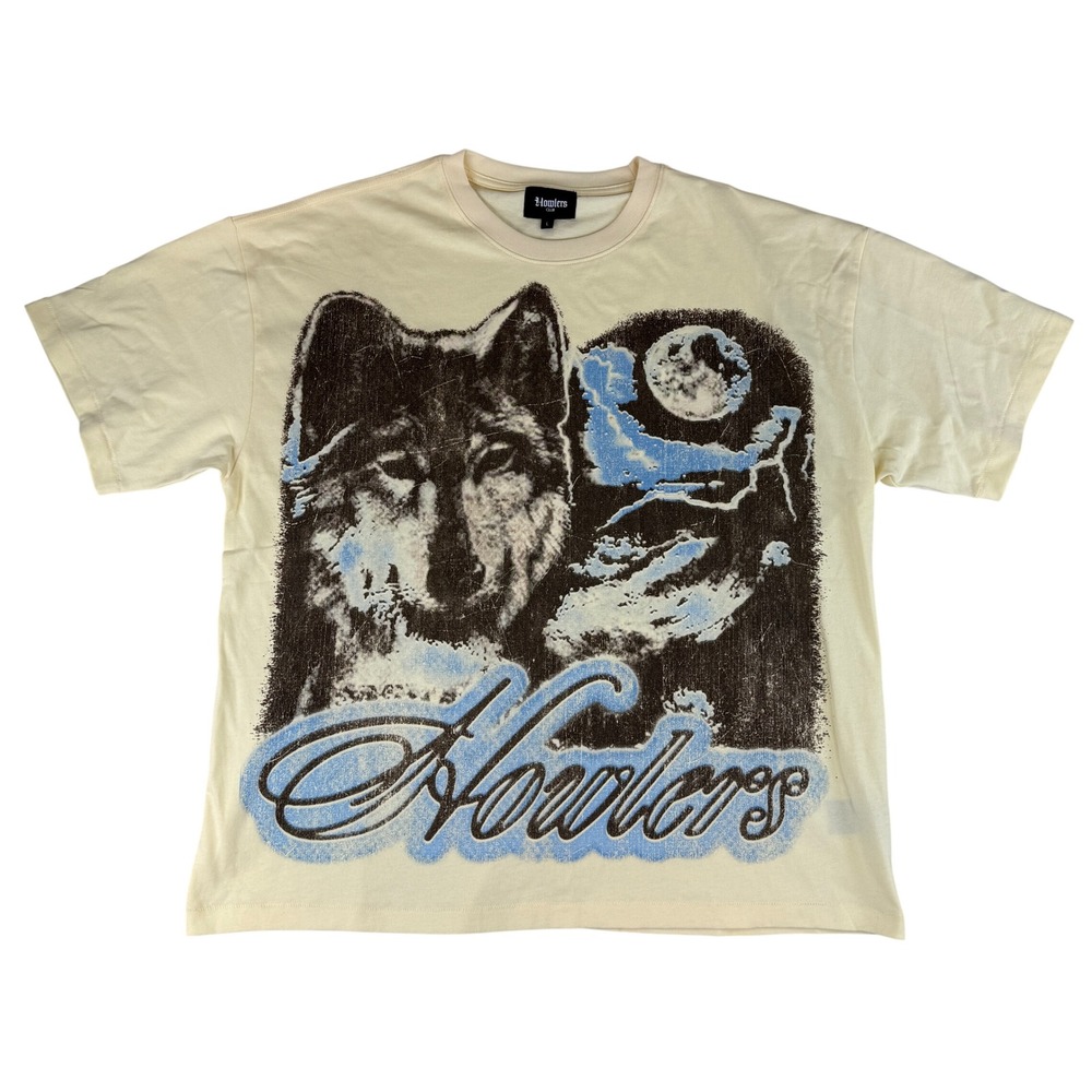 Howlers Club Graphic T-Shirt Mens Size Large Cream Wolf Moon Winged H Logo